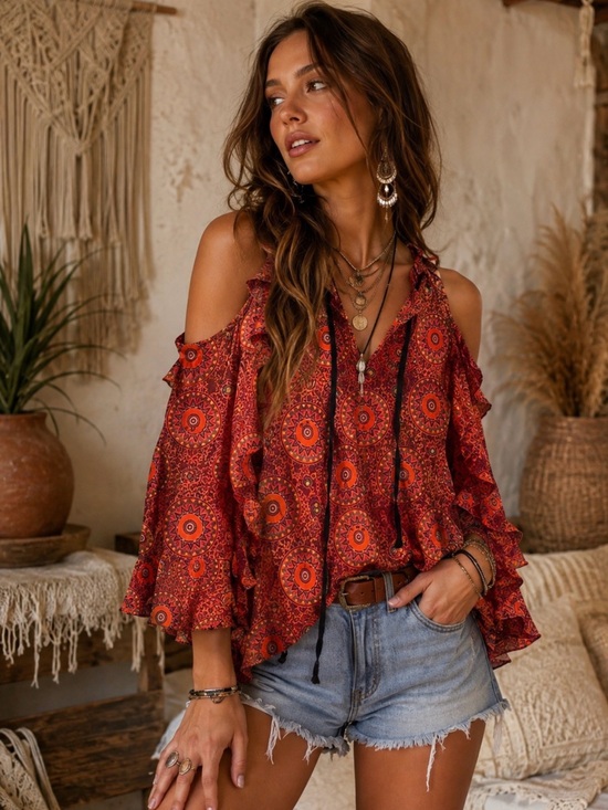 Sky & Mel Tops - Boho Geometric Medallion Cold Shoulder Ruffle Blouse